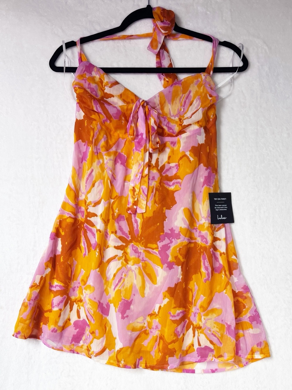 Lulus Sabine Orange Multi Floral Halter Mini Dress Size L NWT - Picture 6 of 11